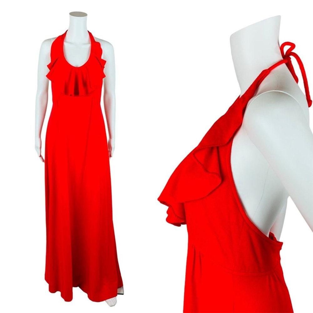 Vintage 1970s Maxi Dress Solid Red Ruffle Neck Halter | W 29"